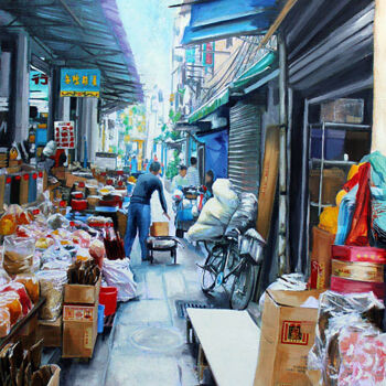 Painting titled "Canton- Asie" by Nathalie Lemaitre, Original Artwork, Oil Mounted on Wood Stretcher frame