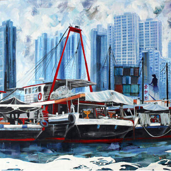 Painting titled "Les bateaux d'Aberd…" by Nathalie Lemaitre, Original Artwork, Oil Mounted on Wood Stretcher frame