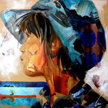 Painting titled "La casquette bleue" by Nathalie Lemaitre, Original Artwork, Oil Mounted on Wood Stretcher frame