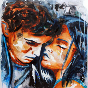 Painting titled "Les amoureux" by Nathalie Lemaitre, Original Artwork, Oil Mounted on Wood Stretcher frame