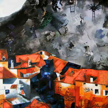 제목이 "La plage noire"인 미술작품 Nathalie Lemaitre로, 원작, 기름 나무 들것 프레임에 장착됨
