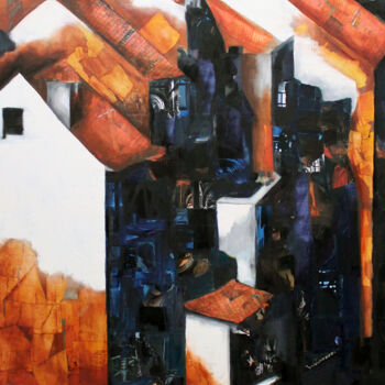 Painting titled "Les maisons silenci…" by Nathalie Lemaitre, Original Artwork, Collages Mounted on Wood Stretcher frame