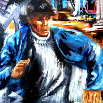 「Running man」というタイトルの絵画 Nathalie Lemaitreによって, オリジナルのアートワーク, コラージュ ウッドストレッチャーフレームにマウント