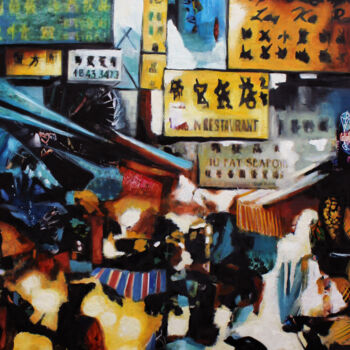Peinture intitulée "Le marché de Temple…" par Nathalie Lemaitre, Œuvre d'art originale, Huile Monté sur Châssis en bois