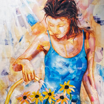 Painting titled "Du soleil et de l'e…" by Nathalie Lemaitre, Original Artwork, Oil Mounted on Wood Stretcher frame