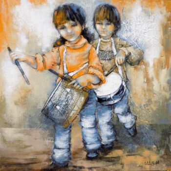 Картина под названием "Les petits tambours" - Nathalie Montel, Подлинное произведение искусства, Акрил Установлен на Деревян…