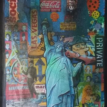 Collages titled "American dream" by Nathalie Pellissier, Original Artwork, Acrylic Mounted on Wood Stretcher frame
