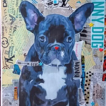 Collages titled "FUNNY DOG" by Nathalie Pellissier, Original Artwork, Collages Mounted on Wood Stretcher frame