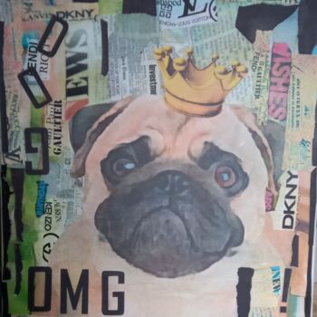拼贴 标题为“KING DOG 2” 由Nathalie Pellissier, 原创艺术品, 拼贴 安装在木质担架架上