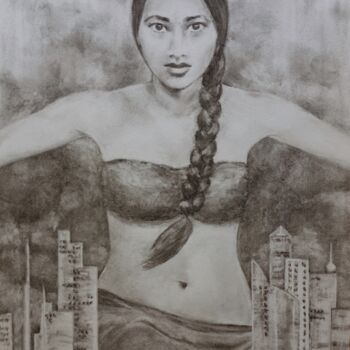 「Danse dans la ville」というタイトルの描画 Nathalie Seteaによって, オリジナルのアートワーク, 木炭