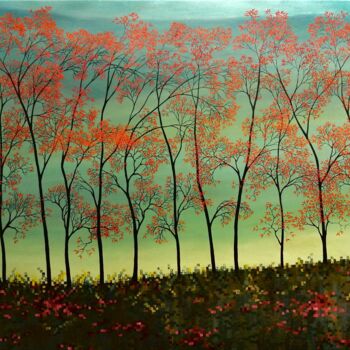 Painting titled "Row of red trees/Ra…" by Nathalie Si Pié, Original Artwork, Oil Mounted on Wood Stretcher frame