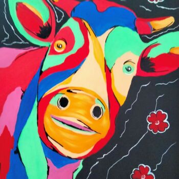 Painting titled "Ma Vache" by Nathalie Venant, Original Artwork, Acrylic Mounted on Wood Stretcher frame
