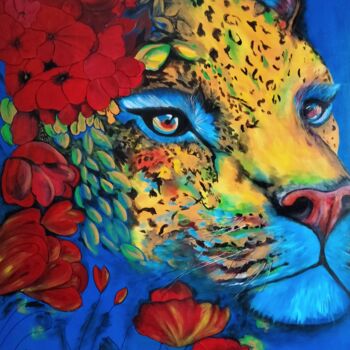 Schilderij getiteld "Jungle Bleu" door Nathalie Venant, Origineel Kunstwerk, Acryl Gemonteerd op Frame voor houten brancard