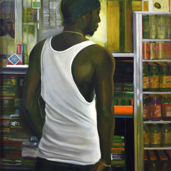 Painting titled "News stand New-York" by Nathalie Bibougou, Original Artwork, Oil Mounted on Wood Stretcher frame