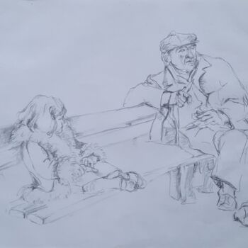 Drawing titled "Banc public" by Nathalie Gautier, Original Artwork, Pencil Mounted on Cardboard
