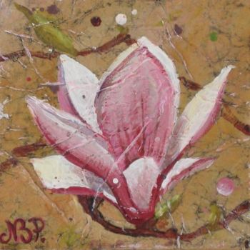 Schilderij getiteld "Mini magnolia III" door Nathalie Pouillault Boyaval, Origineel Kunstwerk, Olie