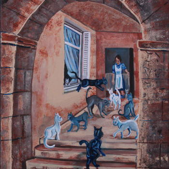 Malerei mit dem Titel "La Mère aux chats" von Nathalitay, Original-Kunstwerk