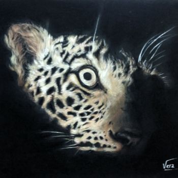 Dessin intitulée "léopard dans la nui…" par Nathaly Vera, Œuvre d'art originale, Pastel