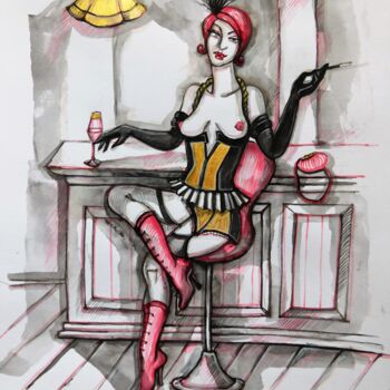 Malerei mit dem Titel ""Dame im Bar"" von Natia Antadze, Original-Kunstwerk, Tinte