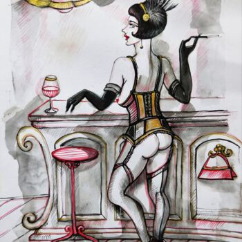 Zeichnungen mit dem Titel ""Dame im Bar 2"" von Natia Antadze, Original-Kunstwerk, Tinte