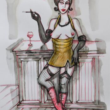 Drawing titled ""Dame im Bar 3"" by Natia Antadze, Original Artwork, Ink