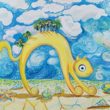 Картина под названием "Cat with palm trees" - Huber (Lapinus) Natalia, Подлинное произведение искусства, Масло