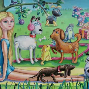 Картина под названием "Girl in the meadow" - Huber (Lapinus) Natalia, Подлинное произведение искусства, Акрил