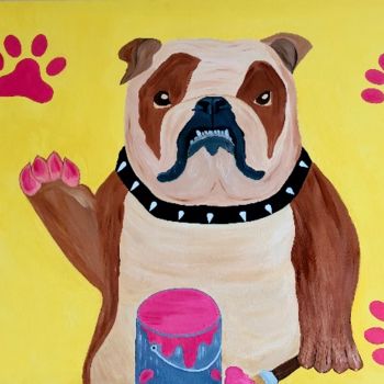 Painting titled "PINKY THE DOG" by Clara.C, Original Artwork, Oil Mounted on Wood Stretcher frame