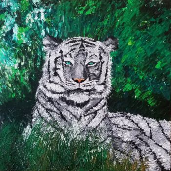 Painting titled "Majestic White Tiger" by Neha Dubey, Original Artwork, Oil Mounted on Wood Stretcher frame