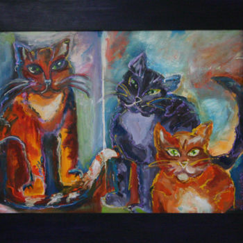 Schilderij getiteld "kleurige katten" door Nelie Meininger, Origineel Kunstwerk, Acryl