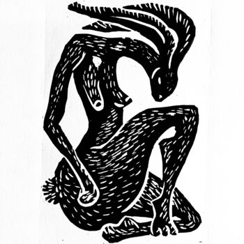 Printmaking titled "Hare Spirit Linocut" by Nella Fauve, Original Artwork, Linocuts