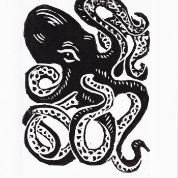 Отпечатки и Гравюры под названием "Octopus Linocut pri…" - Nella Fauve, Подлинное произведение искусства, Линогравюры