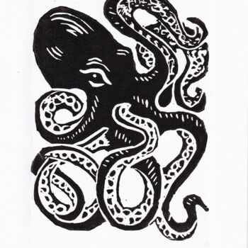 Gravures & estampes intitulée "Octopus Linocut pri…" par Nella Fauve, Œuvre d'art originale, Linogravures