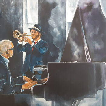 Painting titled "Les musiciens" by Nelly Larue, Original Artwork, Oil Mounted on Wood Stretcher frame