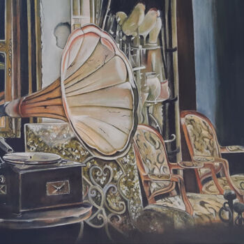 Pintura intitulada "Le gramophone" por Nelly Larue, Obras de arte originais, Óleo Montado em Armação em madeira