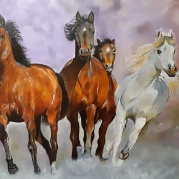 Pintura intitulada "Les chevaux" por Nelly Larue, Obras de arte originais, Óleo Montado em Armação em madeira