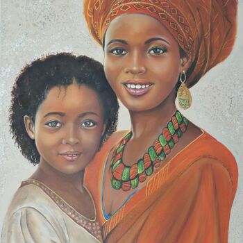Peinture intitulée ""Mère et fille"" par Nelly Larue, Œuvre d'art originale, Huile Monté sur Châssis en bois