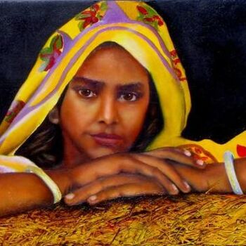 Schilderij getiteld "jeune indienne" door Nelly Quéré Cougard, Origineel Kunstwerk, Olie