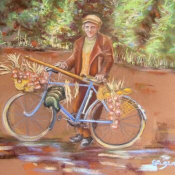 Peinture intitulée "johny et son vélo" par Nelly Quéré Cougard, Œuvre d'art originale, Pastel