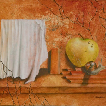 Peinture intitulée "la pomme et l'escar…" par Nelly Quéré Cougard, Œuvre d'art originale, Huile