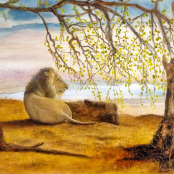 Pintura intitulada "le roi lion" por Nelly Quéré Cougard, Obras de arte originais, Óleo