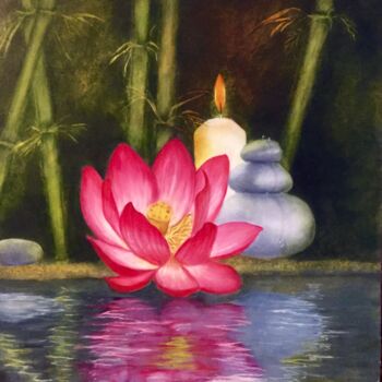 Painting titled "lotus" by Nelly Quéré Cougard, Original Artwork, Oil