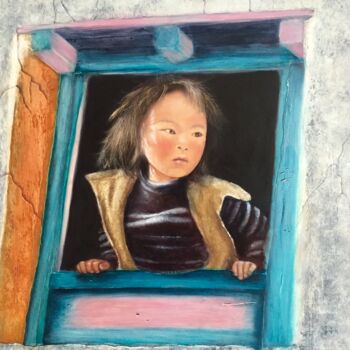 Pintura titulada "Enfant Népalais à l…" por Nelly Quéré Cougard, Obra de arte original, Oleo