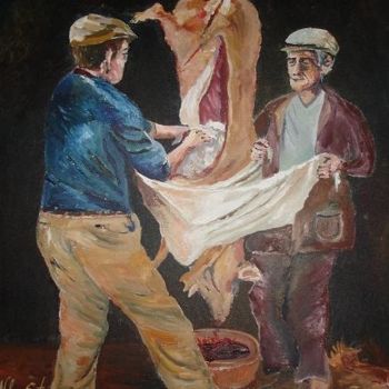 Painting titled "Matança do porco" by Nelson Santos, Original Artwork