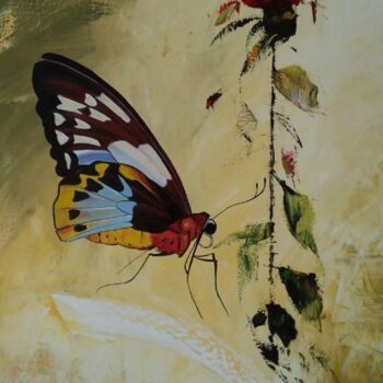 Painting titled "BUTTERFLY & ROSE" by Nelu Gradeanu, Original Artwork, Oil