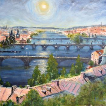 Painting titled "Bridges Of Prague,…" by Nenad Kojić, Original Artwork, Acrylic Mounted on Wood Stretcher frame