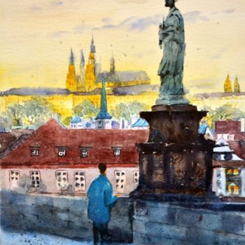 Painting titled "Twilight In Prague…" by Nenad Kojić, Original Artwork, Watercolor