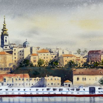 Painting titled "Savamala U Zutom I…" by Nenad Kojić, Original Artwork, Watercolor