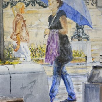 Картина под названием "Blue Umbrella In Be…" - Nenad Kojić, Подлинное произведение искусства, Акварель Установлен на картон