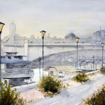 Malarstwo zatytułowany „Riverside skyline B…” autorstwa Nenad Kojić, Oryginalna praca, Akwarela